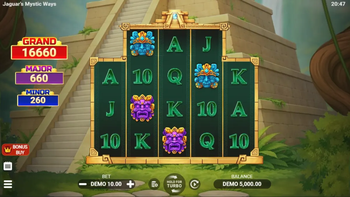 Pemandangan kuil kuno dan hutan tropis dalam permainan slot Jaguar’s Mystic Ways