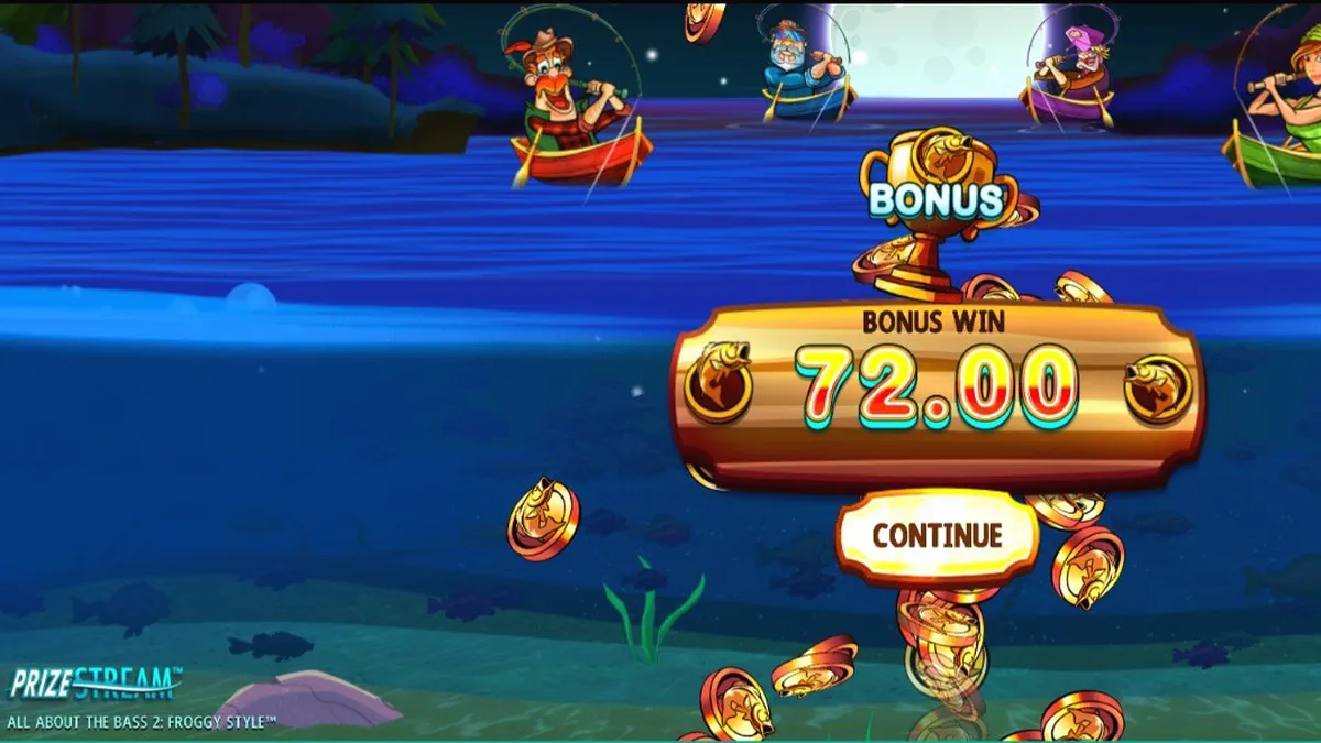 Tampilan visual slot All About the Bass 2: Froggy Style dengan tema rawa dan pemancing.