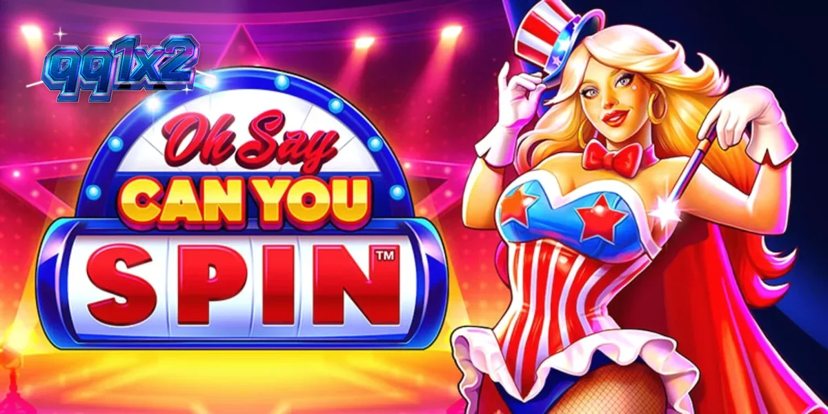 Tampilan visual slot Oh Say Can You Spin dengan tema patriotik dan roda bonus.